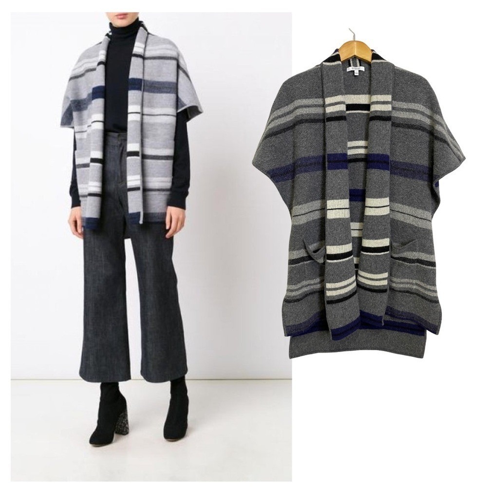 Derek Lam 10 Crosby Grey Striped 100% Wool Poncho Cardigan Cape Sweater Large